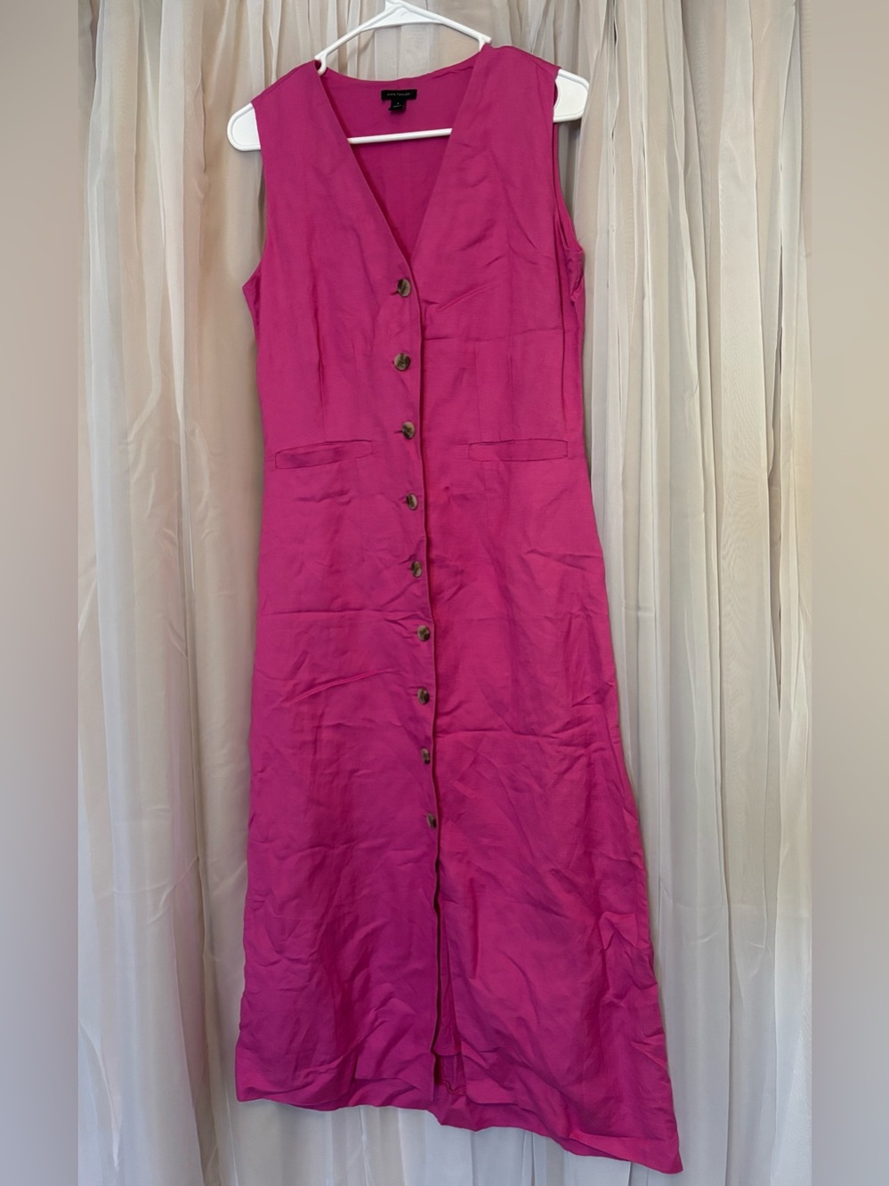 Ann Taylor Size 0 Sleeveless Button-Front  Midi Dress-Linen blend Pink